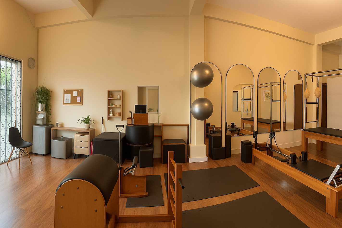Interior acolhedor do Amanai Estúdio de Pilates, em Guaratuba